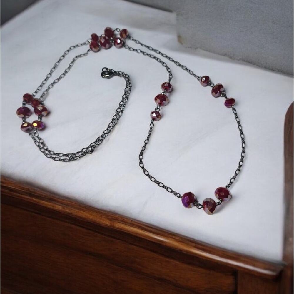 Wine Red AB Faceted Station Necklace Long Layering Chain Dark Romantic